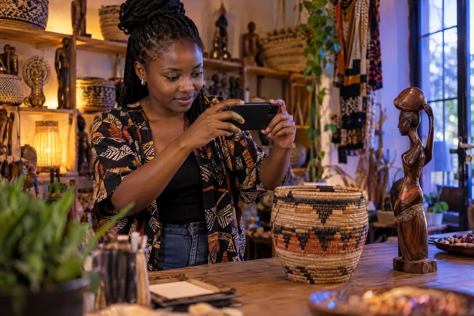 A shop owner photographing a woven basket to create a marketplace listing